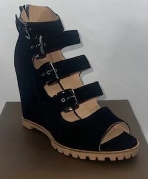 Linea Paolo Wisteria Black Kid Suede Women's sz 5 Open toe wedge boots